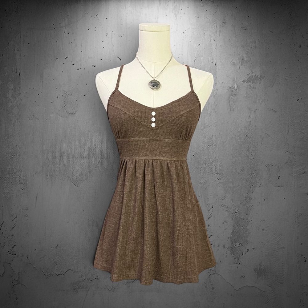 Brown Babydoll Ribbed Button Detail Empire Tie Waist Stretch Cami Top Small